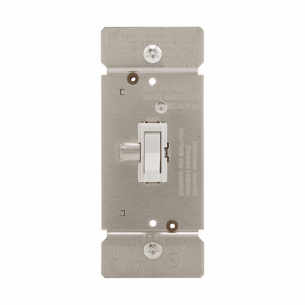 Eaton TI061-W TI061-W Eaton - Eaton toggle dimmer, Power Failure Mode, Non-preset, Flush, 120V, Wire leads, Maintained, White, Indoor, 60 Hz, Incandescent, halogen, 1-pole, 3-way, 1-phase, Polycarbonate, 600W Eaton TI061-W TI061-W Eaton - Eaton toggle dimmer, Power Failure Mode, Non-preset, Flush, 120V, Wire leads, Maintained, White, Indoor, 60 Hz, Incandescent, halogen, 1-pole, 3-way, 1-phase, Polycarbonate, 600W