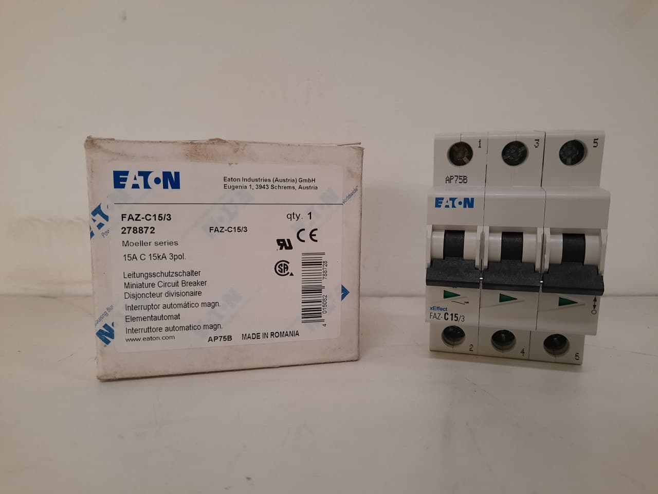 Eaton FAZ-C15/3 Eaton FAZ supplementary protector,UL 1077 Industrial miniature circuit breaker - supplementary protector,Medium levels of inrush current are expected,15 A,15 kAIC,Three-pole,5-10X /n,50-60 Hz,Standard terminals,C Curve Eaton FAZ-C15/3 Eaton FAZ supplementary protector,UL 1077 Industrial miniature circuit breaker - supplementary protector,Medium levels of inrush current are expected,15 A,15 kAIC,Three-pole,5-10X /n,50-60 Hz,Standard terminals,C Curve