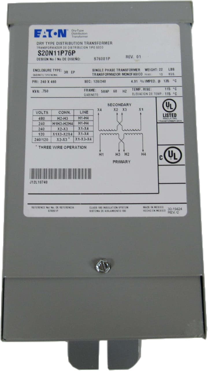 Eaton S20N11P76P S20N11P76P Eaton - Eaton General-Purpose Encapsulated Transformer, EP, Single-phase, PV: 240 X 480V, Taps: None, SV: 120/240V, 115°C, .75 kVA, Alum windings, Frame: 58AP, Indoor-Outdoor Eaton S20N11P76P S20N11P76P Eaton - Eaton General-Purpose Encapsulated Transformer, EP, Single-phase, PV: 240 X 480V, Taps: None, SV: 120/240V, 115°C, .75 kVA, Alum windings, Frame: 58AP, Indoor-Outdoor