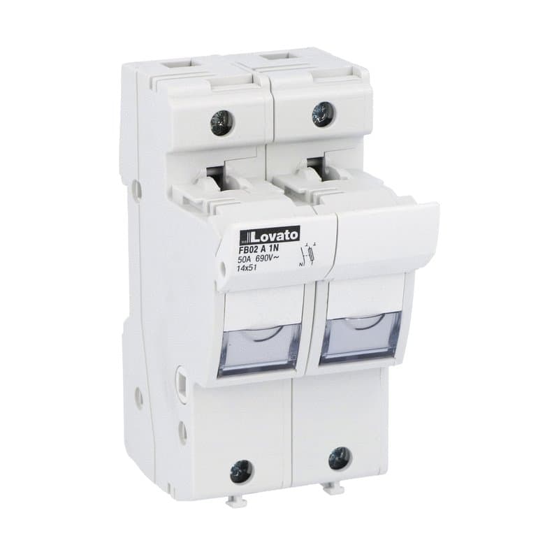 Lovato Electric FB02A1N FB02A1N Lovato - Fuse holder UL recognized and CSA certified, for 14X51mm fuses. 50A rated current at 690VAC, 1P+N. Without status indicator. 2 modules Lovato Electric FB02A1N FB02A1N Lovato - Fuse holder UL recognized and CSA certified, for 14X51mm fuses. 50A rated current at 690VAC, 1P+N. Without status indicator. 2 modules