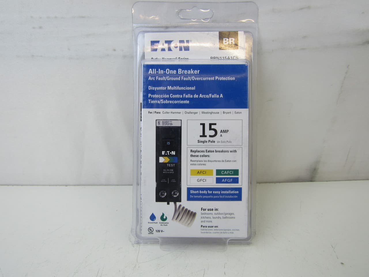 Eaton BRN115A1CS BRN115A1CS Eaton - Eaton BR arc fault / ground fault circuit breaker, All-In-One, 15A, 10 kAIC , Single-pole, 120V, all-in-one Eaton BRN115A1CS BRN115A1CS Eaton - Eaton BR arc fault / ground fault circuit breaker, All-In-One, 15A, 10 kAIC , Single-pole, 120V, all-in-one