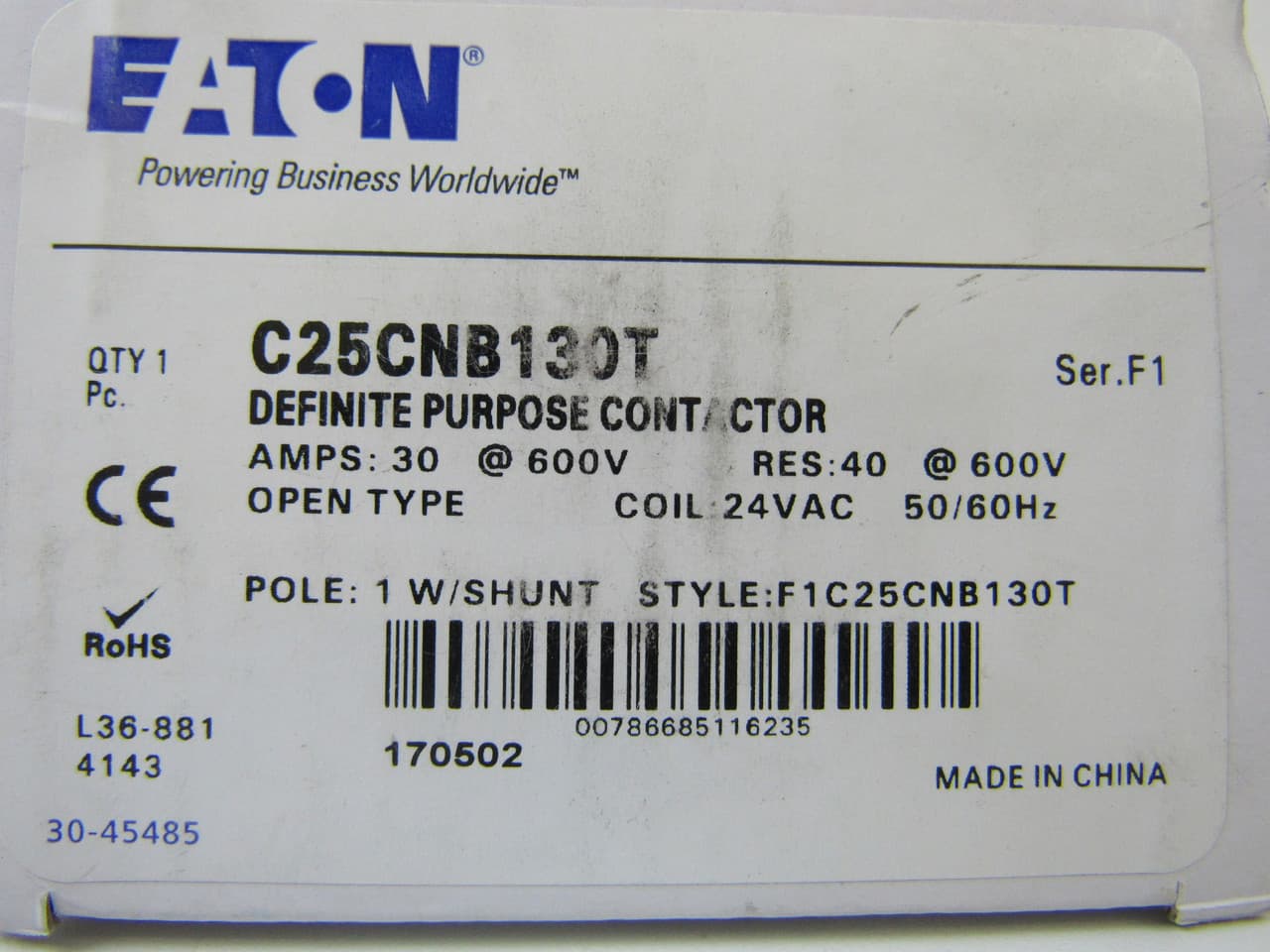 Cutler-Hammer C25CNB130T Cutler Hammer C25CNB130T Definite Purpose Contactors 1P 30A 24V Cutler-Hammer C25CNB130T Cutler Hammer C25CNB130T Definite Purpose Contactors 1P 30A 24V