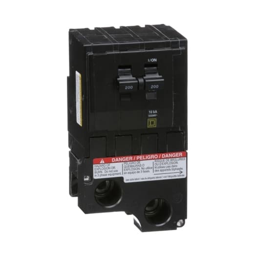 Schneider Electric QO2200 Square D by Schneider Electric QO2200 is a Miniature Circuit Breaker (MCB) designed for plug-in mounting. It features a rated current of 200A and accommodates a plug-in connection type. This MCB operates at a rated voltage of 120V to 240V AC and is compatible with 1AWG-300kcmil (1 cable Al/Cu) cross-section. It is a 2 Pole device with a short circuit breaking rating of 10kA at 240Vac and 5kA at 48Vdc. The QO2200 is equipped with box lugs type of terminals. Schneider Electric QO2200 Square D by Schneider Electric QO2200 is a Miniature Circuit Breaker (MCB) designed for plug-in mounting. It features a rated current of 200A and accommodates a plug-in connection type. This MCB operates at a rated voltage of 120V to 240V AC and is compatible with 1AWG-300kcmil (1 cable Al/Cu) cross-section. It is a 2 Pole device with a short circuit breaking rating of 10kA at 240Vac and 5kA at 48Vdc. The QO2200 is equipped with box lugs type of terminals.