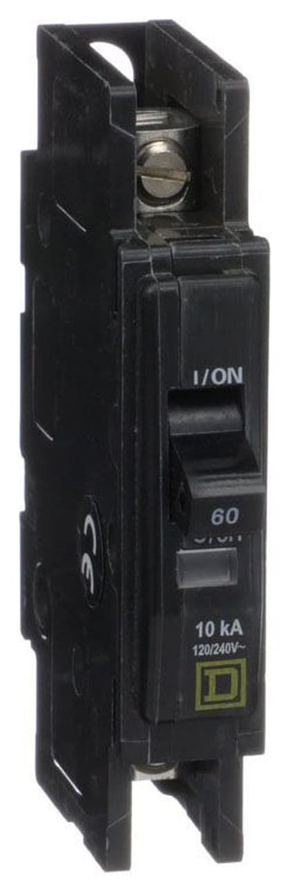 Schneider Electric QOU160 Square D by Schneider Electric QOU160 is a unit-mount Miniature Circuit Breaker (MCB) designed for a single pole configuration. It features slotted box lugs connections on both the load and line sides, accommodating a cross-section of 14-2AWG for one aluminum or copper cable. This MCB is rated for a current of 60A and offers a short circuit breaking rating of 10kA at 240Vac and 5kA at 48Vdc. It supports a rated voltage of 120V and 240V for AC circuits and 48Vdc for DC circuits. The terminals are of the box lugs type, ensuring a secure connection. Schneider Electric QOU160 Square D by Schneider Electric QOU160 is a unit-mount Miniature Circuit Breaker (MCB) designed for a single pole configuration. It features slotted box lugs connections on both the load and line sides, accommodating a cross-section of 14-2AWG for one aluminum or copper cable. This MCB is rated for a current of 60A and offers a short circuit breaking rating of 10kA at 240Vac and 5kA at 48Vdc. It supports a rated voltage of 120V and 240V for AC circuits and 48Vdc for DC circuits. The terminals are of the box lugs type, ensuring a secure connection.