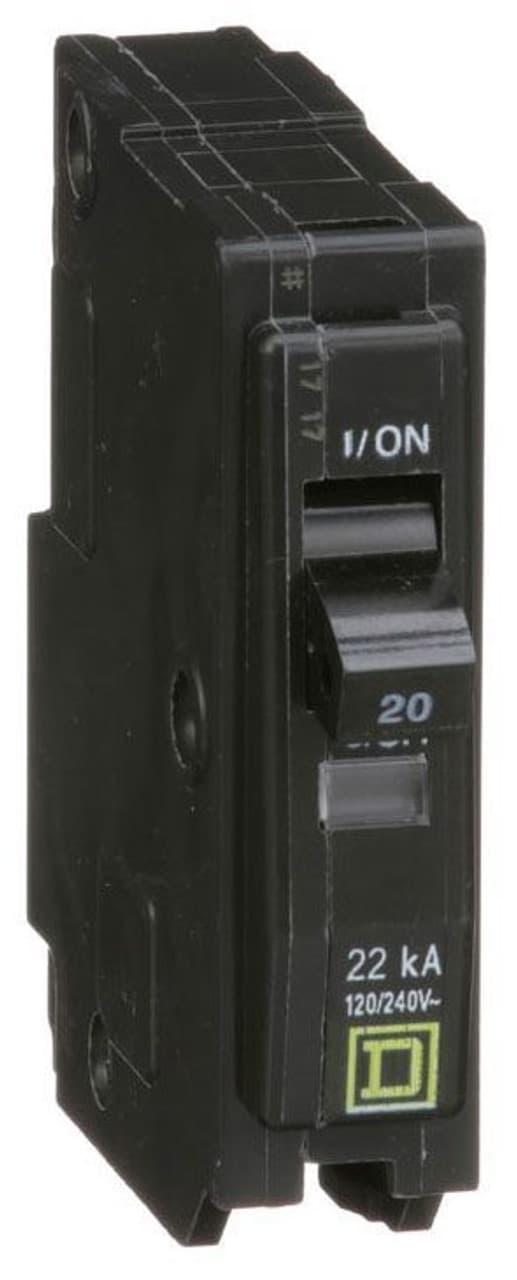 Schneider Electric QO120VH Square D by Schneider Electric QO120VH is a Miniature Circuit Breaker (MCB) designed for plug-in mounting. It features a rated current of 20A and accommodates a plug-in connection type. This MCB is suitable for use with a voltage rating of 120V to 240V AC and can handle wire sizes from 14-8AWG for one aluminum or copper cable. It is a single-pole circuit breaker with a short circuit breaking rating of 22kA at 240Vac. The terminals are of the press plate type, facilitating secure connections. Schneider Electric QO120VH Square D by Schneider Electric QO120VH is a Miniature Circuit Breaker (MCB) designed for plug-in mounting. It features a rated current of 20A and accommodates a plug-in connection type. This MCB is suitable for use with a voltage rating of 120V to 240V AC and can handle wire sizes from 14-8AWG for one aluminum or copper cable. It is a single-pole circuit breaker with a short circuit breaking rating of 22kA at 240Vac. The terminals are of the press plate type, facilitating secure connections.