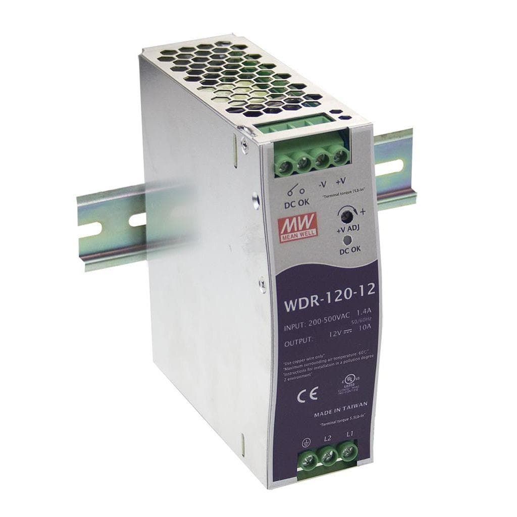 MEAN WELL WDR-120-24 AC-DC Industrial DIN rail power supply; Output 24Vdc at 5A; metal case; Ultra wide input 180-550Vac for single and two phase mains network MEAN WELL WDR-120-24 AC-DC Industrial DIN rail power supply; Output 24Vdc at 5A; metal case; Ultra wide input 180-550Vac for single and two phase mains network