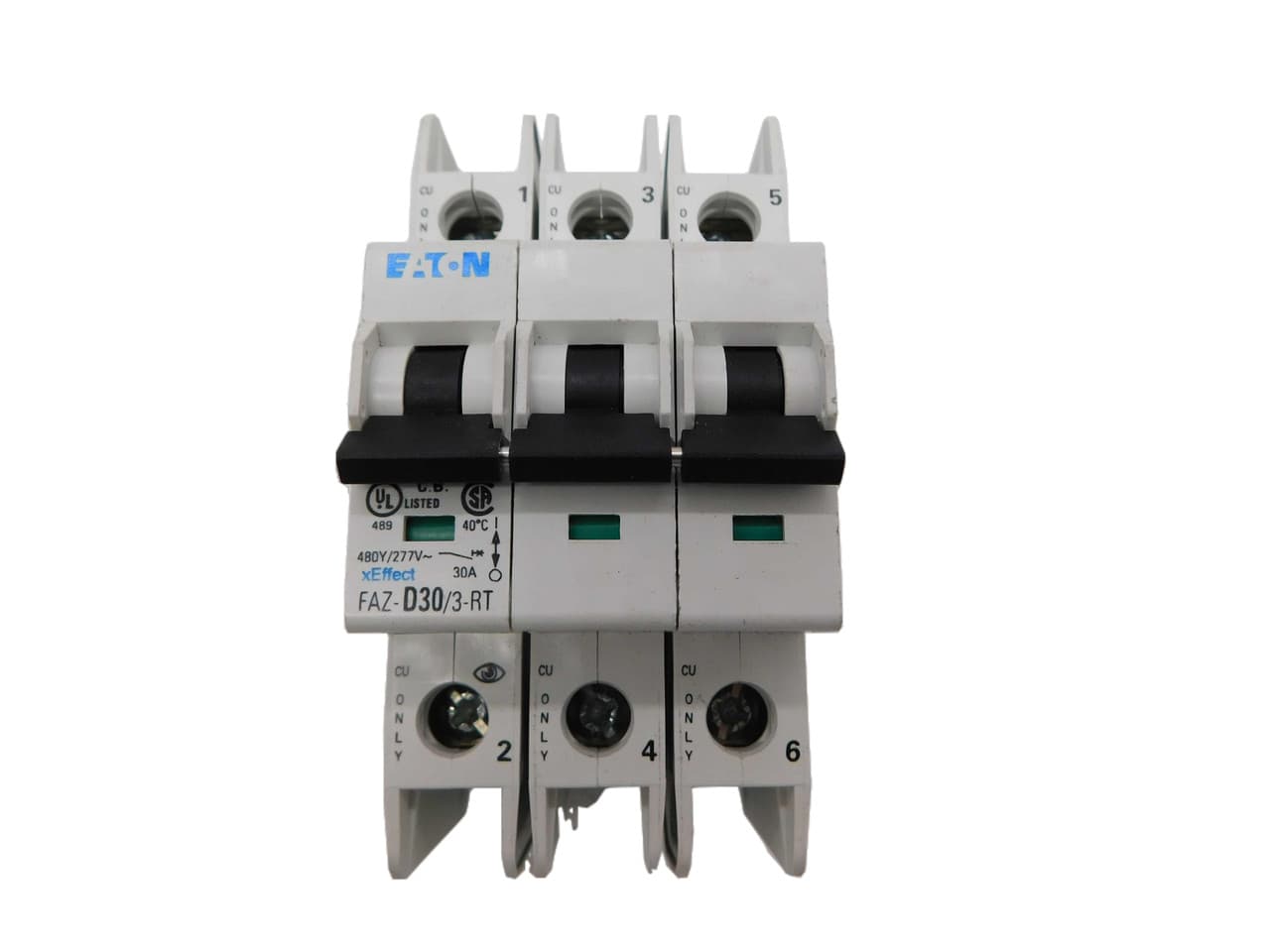 Eaton FAZ-D30/3-RT 277/480 VAC 50/60 Hz, 30 A, 3-Pole, 10/14 kA, 10 to 20 x Rated Current, Ring Tongue Terminal, DIN Rail Mount, Standard Packaging, D-Curve, Current Limiting, Thermal Magnetic Eaton FAZ-D30/3-RT 277/480 VAC 50/60 Hz, 30 A, 3-Pole, 10/14 kA, 10 to 20 x Rated Current, Ring Tongue Terminal, DIN Rail Mount, Standard Packaging, D-Curve, Current Limiting, Thermal Magnetic