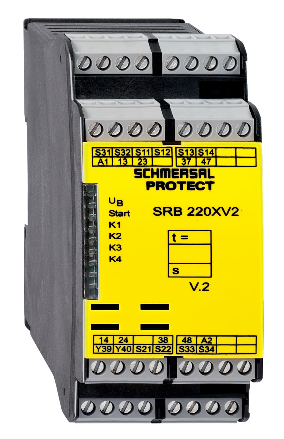 Schmersal SRB220XV2 / V.2 Safety-monitoring modules; Stop category 1; 2 safety contacts, STOP 0; 2 safety contacts, STOP 1; Suitable for the signal processing of outputs with contact sensors; Suitable for signal processing of outputs connected to potentials (AOPDs), e.g. safety li Schmersal SRB220XV2 / V.2 Safety-monitoring modules; Stop category 1; 2 safety contacts, STOP 0; 2 safety contacts, STOP 1; Suitable for the signal processing of outputs with contact sensors; Suitable for signal processing of outputs connected to potentials (AOPDs), e.g. safety li