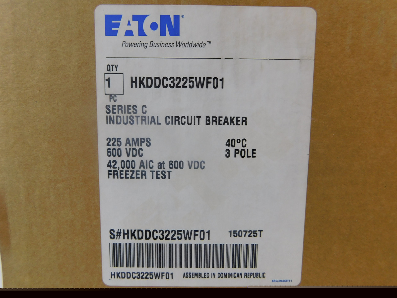 Eaton HKDDC3225WF01 HKDDC3225WF01 Eaton - Eaton Series C DC/PvGard complete molded case circuit breaker, K-frame, HKD, Complete breaker, Interchangeable thermal-magnetic trip type, Three-pole, 225A, 600 Vac, 250 Vdc, 42 kAIC at 600 Vac, Without terminals, Vdc, Freeze tested Eaton HKDDC3225WF01 HKDDC3225WF01 Eaton - Eaton Series C DC/PvGard complete molded case circuit breaker, K-frame, HKD, Complete breaker, Interchangeable thermal-magnetic trip type, Three-pole, 225A, 600 Vac, 250 Vdc, 42 kAIC at 600 Vac, Without terminals, Vdc, Freeze tested