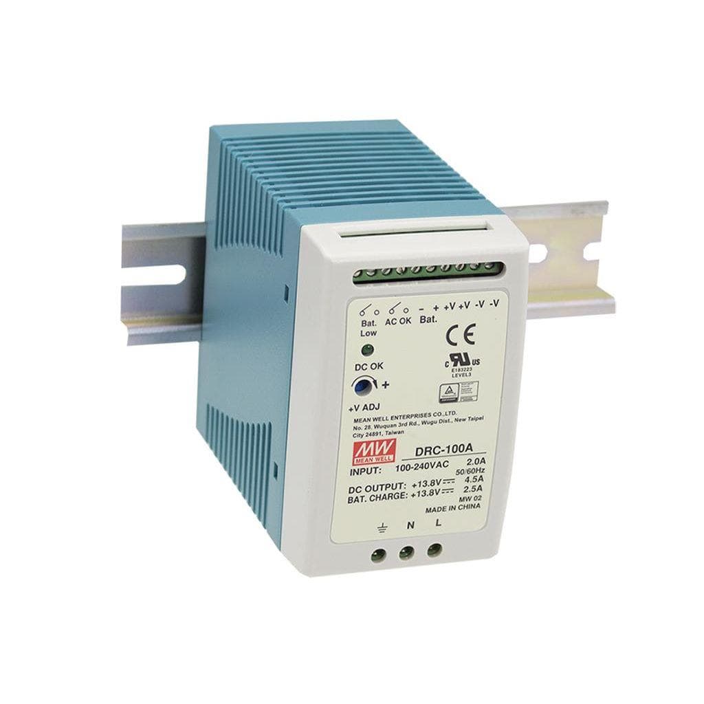 MEAN WELL DRC-100A AC-DC DIN rail single output power supply with battery charger (UPS function); Output 13.8Vdc at 4.5A and 13.8Vdc at 2.5A MEAN WELL DRC-100A AC-DC DIN rail single output power supply with battery charger (UPS function); Output 13.8Vdc at 4.5A and 13.8Vdc at 2.5A