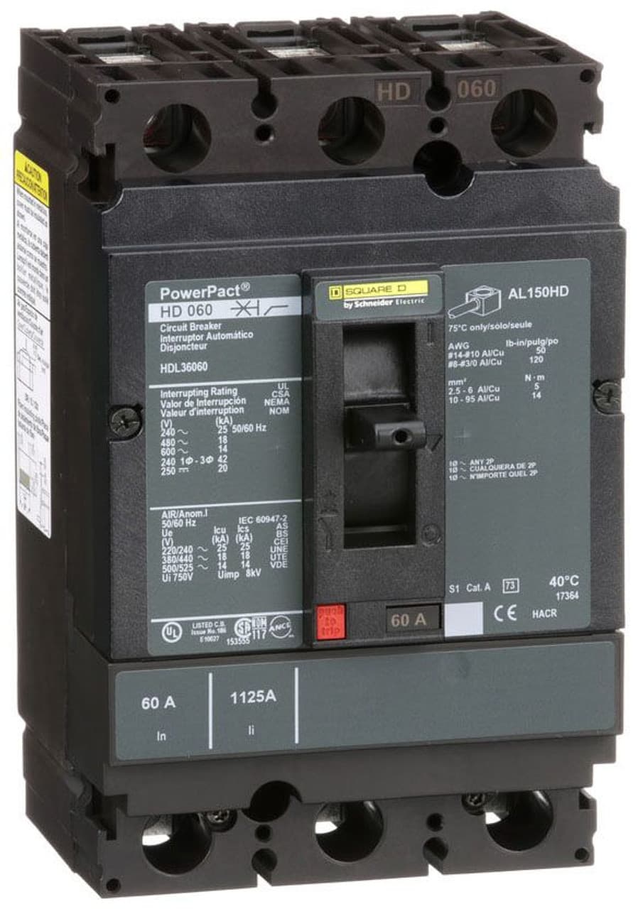Schneider Electric HDL36060 Square D by Schneider Electric HDL36060 is a Moulded Case Circuit Breaker (MCCB) within the PowerPacT HDL sub-range, designed with a PowerPact H-Frame 150 TMD, featuring 3 poles (3P) and a rated current of 60A. It operates at a rated insulation voltage (Ui) of 750 V, with AC rated voltages of 600Vac and 600Y/347Vac, and a DC rated voltage of 250Vdc. The breaker is equipped with thermal protection for overload scenarios and magnetic protection for short-circuit conditions. It supports a mounting mode of individual unit mount on plate, with dimensions of 163 mm in height, 104 mm in width, and 86 mm in depth. The device offers a degree of protection of IP40 and operates via a toggle (manual) mechanism. Protection settings include over-current fixed at 60A, short-circuit hold current fixed at 800A, and short-circuit trip current fixed at 1450A. The rated operating voltage (Ue) is 690 V, with a rated impulse voltage (Uimp) of 8 kV. The trip current rating is 60 AT, with a frame current rating of 150 AF. Its short-circuit breaking rating varies according to voltage, with 25kA at 240Vac, 18kA at 480Vac and 480Y/277Vac, 14kA at 600Vac and 600Y/347Vac for UL489, and 20kA at 250Vdc for UL489. The trip unit type is thermal-magnetic (fixed), without a display, and it falls under utilisation category A. Connections are made via lugs on both load and line sides. Schneider Electric HDL36060 Square D by Schneider Electric HDL36060 is a Moulded Case Circuit Breaker (MCCB) within the PowerPacT HDL sub-range, designed with a PowerPact H-Frame 150 TMD, featuring 3 poles (3P) and a rated current of 60A. It operates at a rated insulation voltage (Ui) of 750 V, with AC rated voltages of 600Vac and 600Y/347Vac, and a DC rated voltage of 250Vdc. The breaker is equipped with thermal protection for overload scenarios and magnetic protection for short-circuit conditions. It supports a mounting mode of individual unit mount on plate, with dimensions of 163 mm in height, 104 mm in width, and 86 mm in depth. The device offers a degree of protection of IP40 and operates via a toggle (manual) mechanism. Protection settings include over-current fixed at 60A, short-circuit hold current fixed at 800A, and short-circuit trip current fixed at 1450A. The rated operating voltage (Ue) is 690 V, with a rated impulse voltage (Uimp) of 8 kV. The trip current rating is 60 AT, with a frame current rating of 150 AF. Its short-circuit breaking rating varies according to voltage, with 25kA at 240Vac, 18kA at 480Vac and 480Y/277Vac, 14kA at 600Vac and 600Y/347Vac for UL489, and 20kA at 250Vdc for UL489. The trip unit type is thermal-magnetic (fixed), without a display, and it falls under utilisation category A. Connections are made via lugs on both load and line sides.