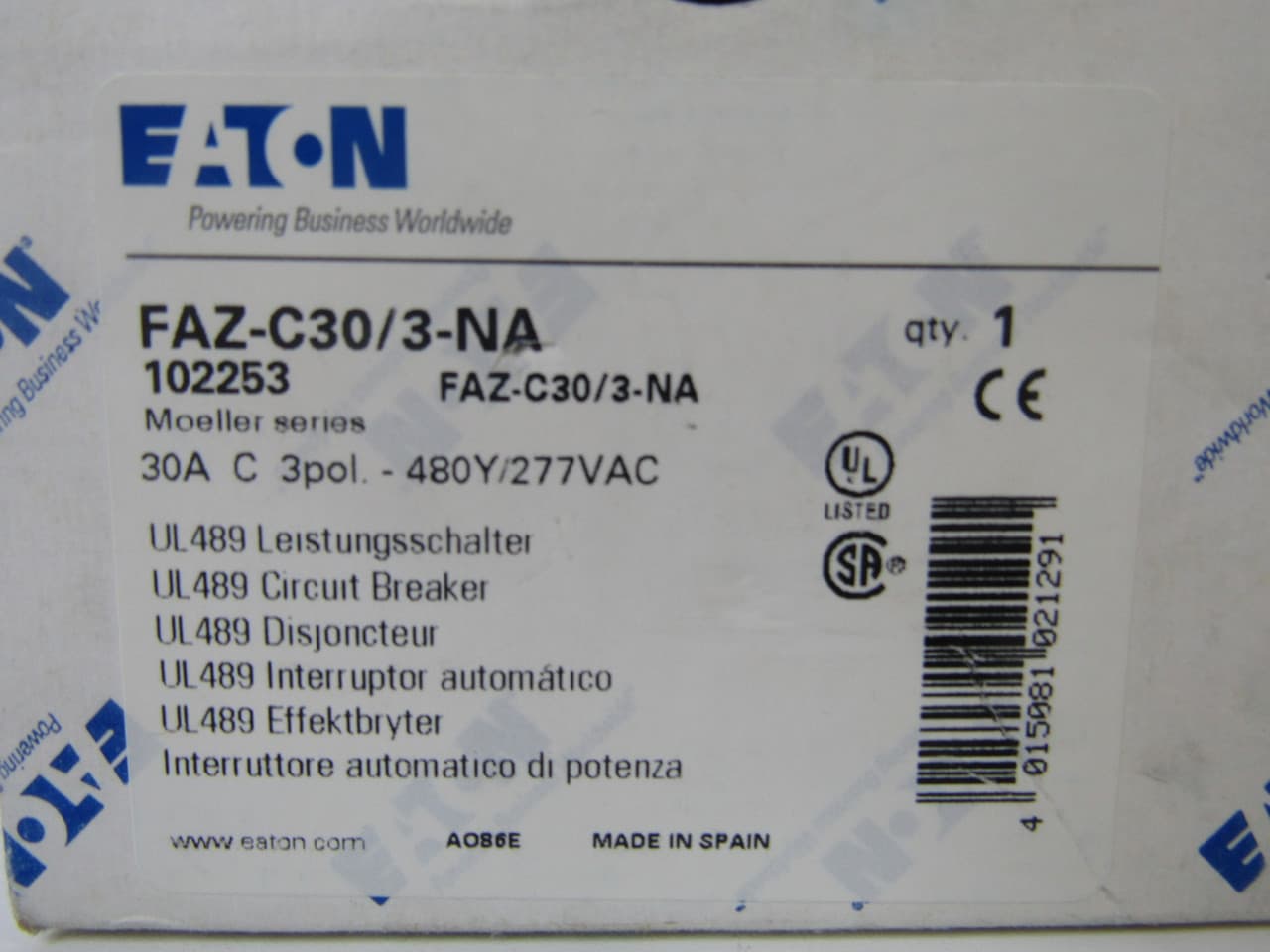 Eaton FAZ-C30/3-NA 277/480 VAC 50/60 Hz, 30 A, 3-Pole, 10/14 kA, 5 to 10 x Rated Current, Screw Terminal, DIN Rail Mount, Standard Packaging, C-Curve, Current Limiting, Thermal Magnetic Eaton FAZ-C30/3-NA 277/480 VAC 50/60 Hz, 30 A, 3-Pole, 10/14 kA, 5 to 10 x Rated Current, Screw Terminal, DIN Rail Mount, Standard Packaging, C-Curve, Current Limiting, Thermal Magnetic