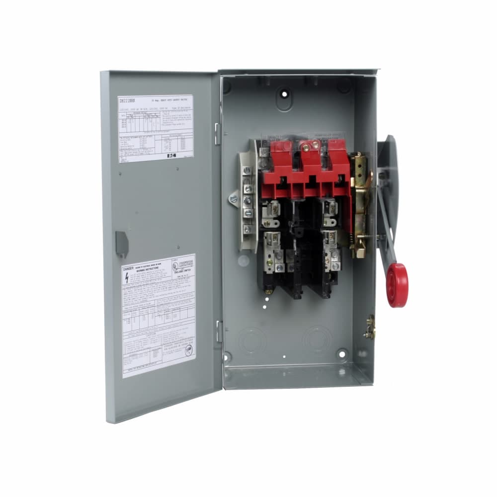 Eaton DH221NRK DH221NRK Eaton - Eaton enhanced visible blade single-throw fused safety switch, 30 A, NEMA 3R, Painted galvanized steel, Class H, Fusible with neutral, Two-pole, Three-wire, 240 V, Max Hp: 1.5, 3 hp/3, 7.5 hp/5 hp (1,3PH @ Std fuse/time delay/250 Vdc) Eaton DH221NRK DH221NRK Eaton - Eaton enhanced visible blade single-throw fused safety switch, 30 A, NEMA 3R, Painted galvanized steel, Class H, Fusible with neutral, Two-pole, Three-wire, 240 V, Max Hp: 1.5, 3 hp/3, 7.5 hp/5 hp (1,3PH @ Std fuse/time delay/250 Vdc)