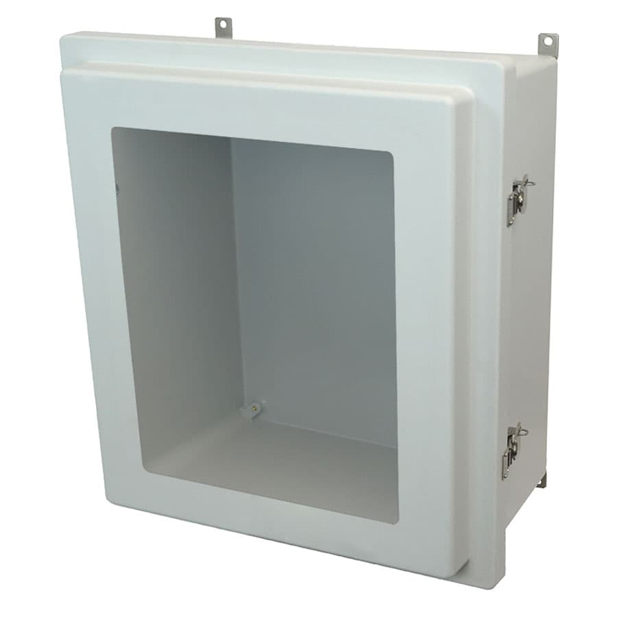 Allied Moulded Products AM1868RTW 18"x16"x8" AM-R Series fiberglass wall mount enclosure assembly with raised hinged window cover and stainless-steel twist latch Allied Moulded Products AM1868RTW 18"x16"x8" AM-R Series fiberglass wall mount enclosure assembly with raised hinged window cover and stainless-steel twist latch