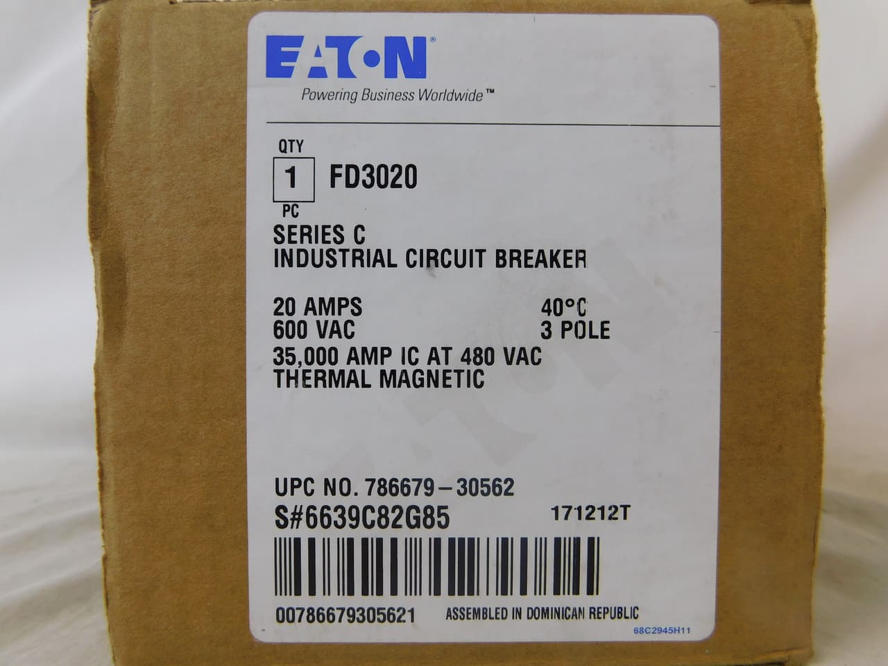 Eaton FD3020 FD3020 Eaton - Eaton Series C complete molded case circuit breaker, F-frame, FD, Complete breaker, Fixed thermal, Fixed magnetic trip type, Three-pole, 20 A, 600 Vac, 250 Vdc, Load side, 50/60 Hz Eaton FD3020 FD3020 Eaton - Eaton Series C complete molded case circuit breaker, F-frame, FD, Complete breaker, Fixed thermal, Fixed magnetic trip type, Three-pole, 20 A, 600 Vac, 250 Vdc, Load side, 50/60 Hz