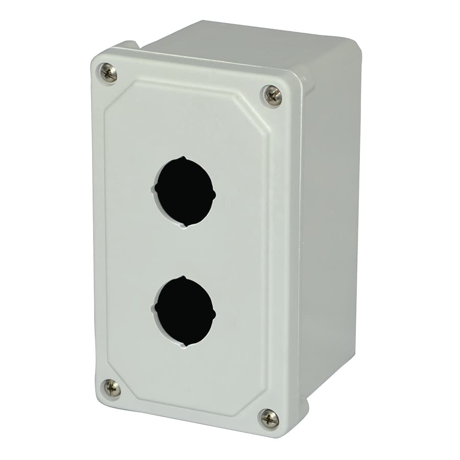 Allied Moulded Products AM2PB 7"x4"x3" AM Series fiberglass small junction box with 4-screw lift-off cover and 2 pushbutton holes Allied Moulded Products AM2PB 7"x4"x3" AM Series fiberglass small junction box with 4-screw lift-off cover and 2 pushbutton holes