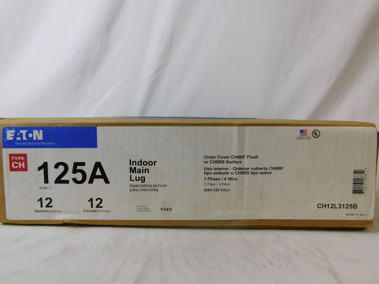 Eaton CH12L3125B CH12L3125B Eaton - Eaton CH main lug loadcenter,Main lug only,125 A,B,Copper,NEMA 1,Metallic,Top/bottom,CH,12 Circuits,12 Spaces,Four-wire,Three-phase,#1-4/0 AWG Eaton CH12L3125B CH12L3125B Eaton - Eaton CH main lug loadcenter,Main lug only,125 A,B,Copper,NEMA 1,Metallic,Top/bottom,CH,12 Circuits,12 Spaces,Four-wire,Three-phase,#1-4/0 AWG