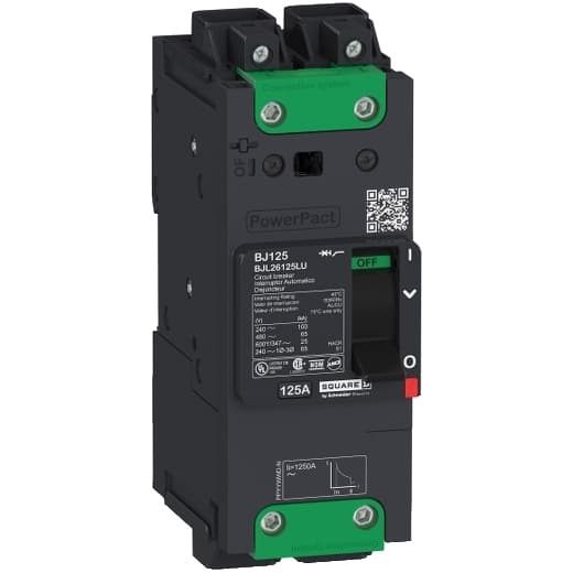 Schneider Electric BJL26040LU Square D by Schneider Electric BJL26040LU is a Moulded Case Circuit Breaker (MCCB) within the PowerPacT BJL sub-range, featuring a PowerPact B-Frame 100 TMD 2P 40A 600Y/347Vac design with a 25kA rating and lugs with control wire on the end rated at 80%. It has an Everlink (Creep compensating) connection type with lugs on both line and load sides and a Control Wire terminal (CWT) on the line side only. This MCCB offers an IP40 degree of protection, a rated current of 40A, and a rated voltage of 600Vac 600Y/347Vac. It is designed for 20000 operations of mechanical durability at no load and can be mounted on a DIN rail or as an individual unit on a plate. The device has 2 poles (2P), dimensions of 137 mm in height, 80 mm in depth, and 54 mm in width. It falls under utilisation category A and offers protection settings including over-current fixed at 40A, short-circuit hold current fixed at 400A, and short-circuit trip current fixed at 600A. The rated voltage for DC applications is 250Vdc, with a rated insulation voltage (Ui) of 800 V and a rated operating voltage (Ue) of 690 V. Its protection functions include thermal protection for overload and magnetic protection for short-circuit, with a trip current rating of 40 AT. The electrical durability with load is rated for 10000 operations at 440Vac; In. The frame current rating is 100 AF, and it operates via a toggle (manual) mode. The short circuit breaking rating varies with voltage, offering 100kA at 240Vac, 65kA at 480Vac, 65kA at 480Y/277Vac, 25kA at 600Y/347Vac, and 50kA at 250Vdc, all under UL489. The trip unit type is thermal-magnetic (fixed) with no display. Schneider Electric BJL26040LU Square D by Schneider Electric BJL26040LU is a Moulded Case Circuit Breaker (MCCB) within the PowerPacT BJL sub-range, featuring a PowerPact B-Frame 100 TMD 2P 40A 600Y/347Vac design with a 25kA rating and lugs with control wire on the end rated at 80%. It has an Everlink (Creep compensating) connection type with lugs on both line and load sides and a Control Wire terminal (CWT) on the line side only. This MCCB offers an IP40 degree of protection, a rated current of 40A, and a rated voltage of 600Vac 600Y/347Vac. It is designed for 20000 operations of mechanical durability at no load and can be mounted on a DIN rail or as an individual unit on a plate. The device has 2 poles (2P), dimensions of 137 mm in height, 80 mm in depth, and 54 mm in width. It falls under utilisation category A and offers protection settings including over-current fixed at 40A, short-circuit hold current fixed at 400A, and short-circuit trip current fixed at 600A. The rated voltage for DC applications is 250Vdc, with a rated insulation voltage (Ui) of 800 V and a rated operating voltage (Ue) of 690 V. Its protection functions include thermal protection for overload and magnetic protection for short-circuit, with a trip current rating of 40 AT. The electrical durability with load is rated for 10000 operations at 440Vac; In. The frame current rating is 100 AF, and it operates via a toggle (manual) mode. The short circuit breaking rating varies with voltage, offering 100kA at 240Vac, 65kA at 480Vac, 65kA at 480Y/277Vac, 25kA at 600Y/347Vac, and 50kA at 250Vdc, all under UL489. The trip unit type is thermal-magnetic (fixed) with no display.