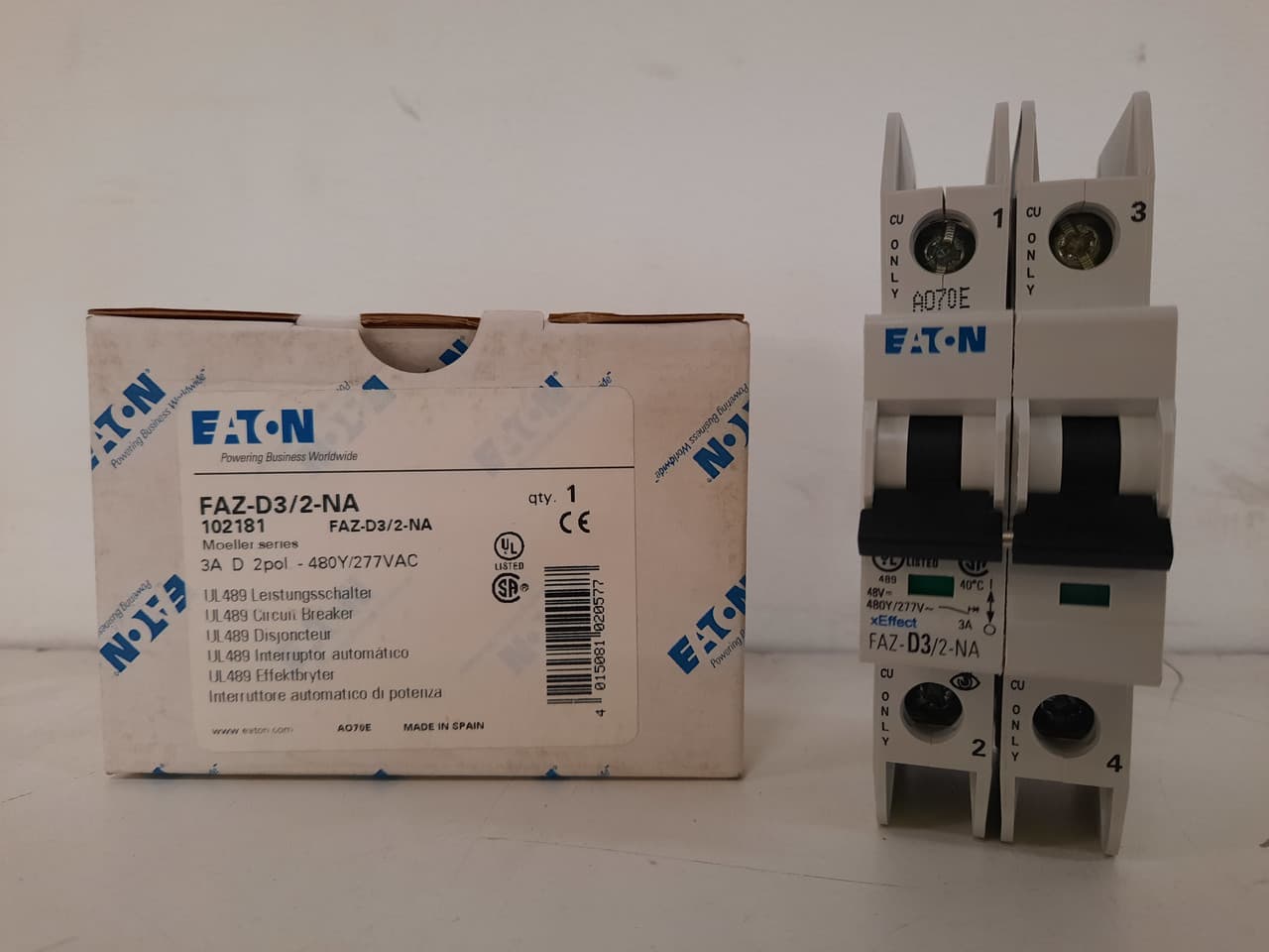 Eaton FAZ-D3/2-NA 277/480 VAC, 96 VDC, 3 A, 10 kA, 10 to 20 x Rated Current, 2-Pole, Screw Terminal, DIN Rail Mount, Current Limiting, Thermal Magnetic Eaton FAZ-D3/2-NA 277/480 VAC, 96 VDC, 3 A, 10 kA, 10 to 20 x Rated Current, 2-Pole, Screw Terminal, DIN Rail Mount, Current Limiting, Thermal Magnetic