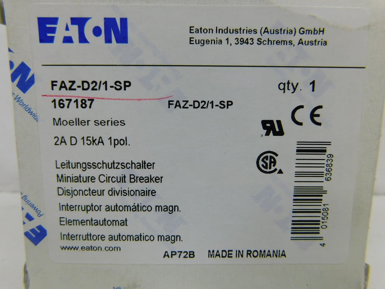 Eaton FAZ-D2/1-SP Eaton FAZ supplementary protector,UL 1077 Industrial miniature circuit breaker-supplementary protector,Single package,High levels of inrush current are expected,2 A,15 kAIC,Single-pole,277 V,10-20X/n,Q38,50-60 Hz,Standard terminals,D Curve Eaton FAZ-D2/1-SP Eaton FAZ supplementary protector,UL 1077 Industrial miniature circuit breaker-supplementary protector,Single package,High levels of inrush current are expected,2 A,15 kAIC,Single-pole,277 V,10-20X/n,Q38,50-60 Hz,Standard terminals,D Curve