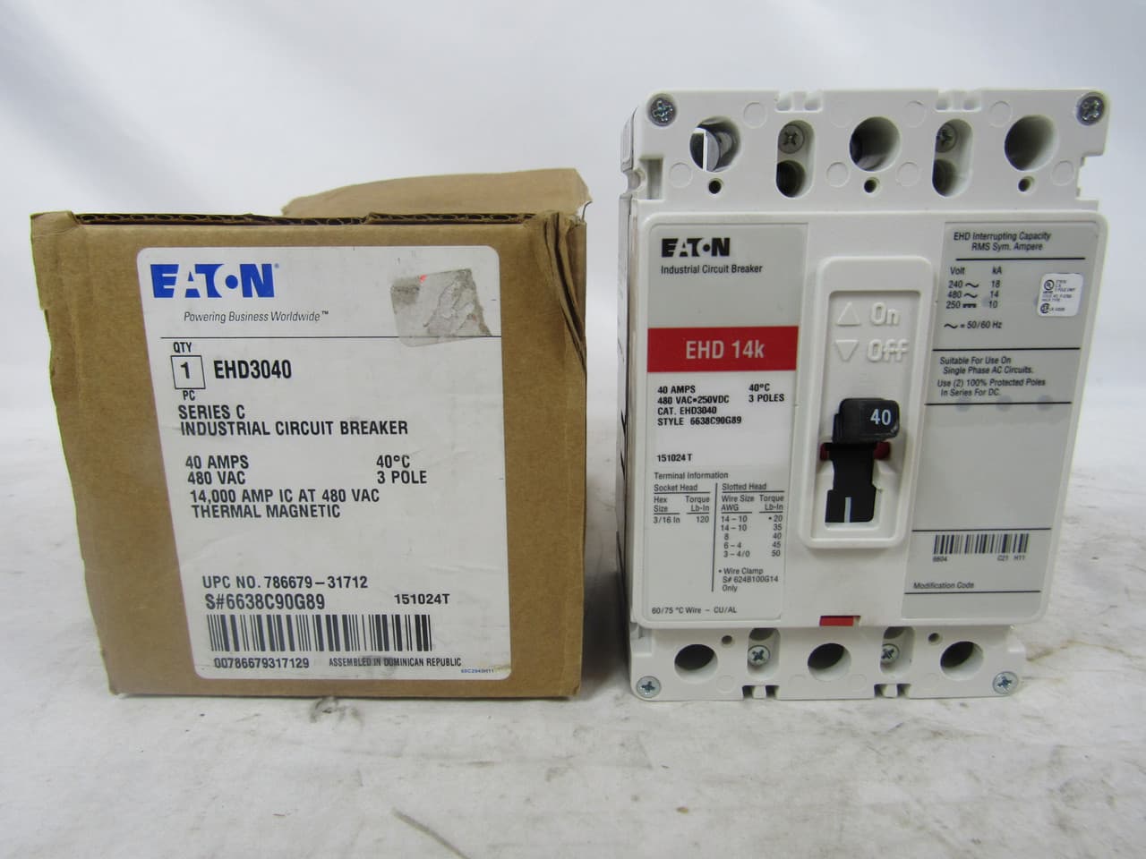 Eaton EHD3040 EHD3040 Eaton - Eaton Series C complete molded case circuit breaker, F-frame, EHD, Complete breaker, Fixed thermal, Fixed magnetic trip type, Three-pole, 40 A, Load side, 50/60 Hz Eaton EHD3040 EHD3040 Eaton - Eaton Series C complete molded case circuit breaker, F-frame, EHD, Complete breaker, Fixed thermal, Fixed magnetic trip type, Three-pole, 40 A, Load side, 50/60 Hz