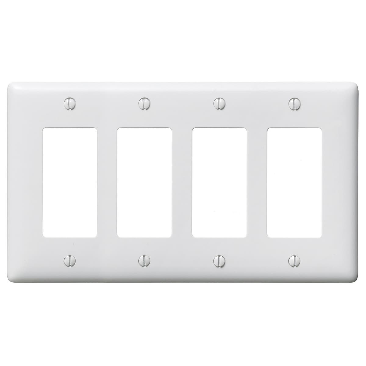 Hubbell NP264W Wallplates and Box Covers, Wallplate, Nylon, 4-Gang, 4) Decorator, White ; Reinforcement ribs for extra strength ; Captive screw feature holds mounting screw in place ; High-impact, self-extinguishing nylon material ; Standard Size is 1/8" larger to give Hubbell NP264W Wallplates and Box Covers, Wallplate, Nylon, 4-Gang, 4) Decorator, White ; Reinforcement ribs for extra strength ; Captive screw feature holds mounting screw in place ; High-impact, self-extinguishing nylon material ; Standard Size is 1/8" larger to give