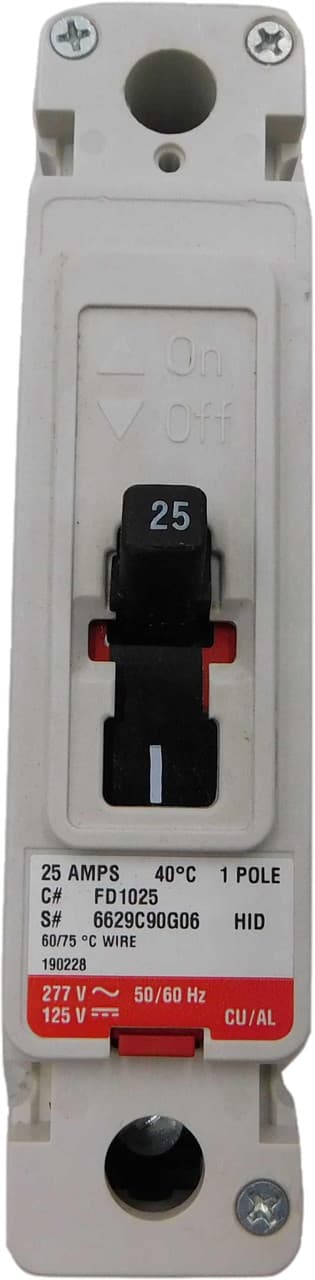 Eaton FD1025 FD1025 Eaton - Eaton Series C complete molded case circuit breaker, F-frame, FD, Complete breaker, Fixed thermal, Fixed magnetic trip type, Single-pole, 25 A, 347 Vac, 125 Vdc, 35 kAIC at 277 Vac, 18 kAIC at 347 Vac, Load side, 50/60 Hz Eaton FD1025 FD1025 Eaton - Eaton Series C complete molded case circuit breaker, F-frame, FD, Complete breaker, Fixed thermal, Fixed magnetic trip type, Single-pole, 25 A, 347 Vac, 125 Vdc, 35 kAIC at 277 Vac, 18 kAIC at 347 Vac, Load side, 50/60 Hz