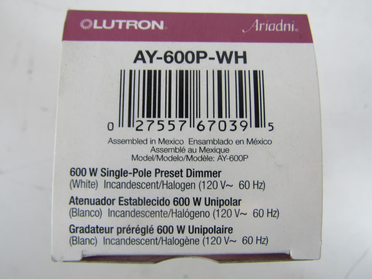Lutron AY-600P-WH 120 VAC 60 Hz, 600 W, 1-Pole, Gloss White, Incandescent/Halogen, Toggle On/Off Switch, Wall/Slide Mount Lutron AY-600P-WH 120 VAC 60 Hz, 600 W, 1-Pole, Gloss White, Incandescent/Halogen, Toggle On/Off Switch, Wall/Slide Mount