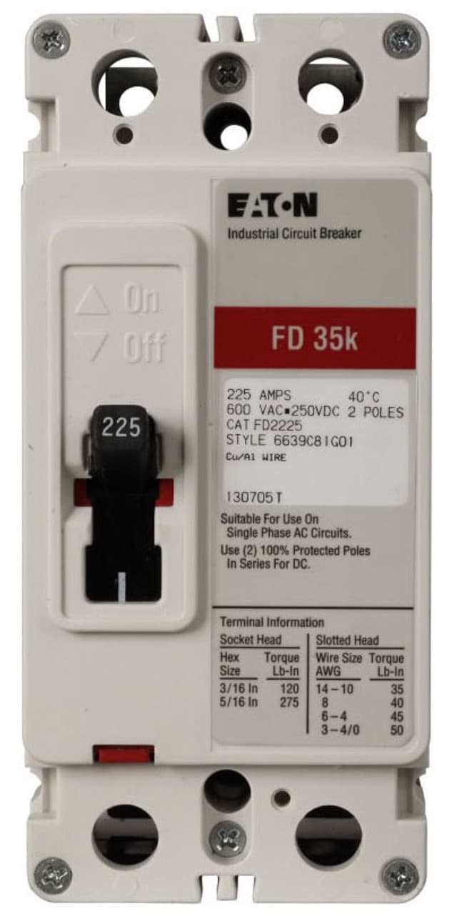 Eaton FD2100L FD2100L Eaton - Eaton Series C complete molded case circuit breaker, F-frame, FD, Complete breaker, Fixed thermal, fixed magnetic trip type, Two-pole, 100A, 600 Vac, 250 Vdc, 65 kAIC at 240 Vac, 35 kAIC at 480 Vac, Line and load, 50/60 Hz Eaton FD2100L FD2100L Eaton - Eaton Series C complete molded case circuit breaker, F-frame, FD, Complete breaker, Fixed thermal, fixed magnetic trip type, Two-pole, 100A, 600 Vac, 250 Vdc, 65 kAIC at 240 Vac, 35 kAIC at 480 Vac, Line and load, 50/60 Hz