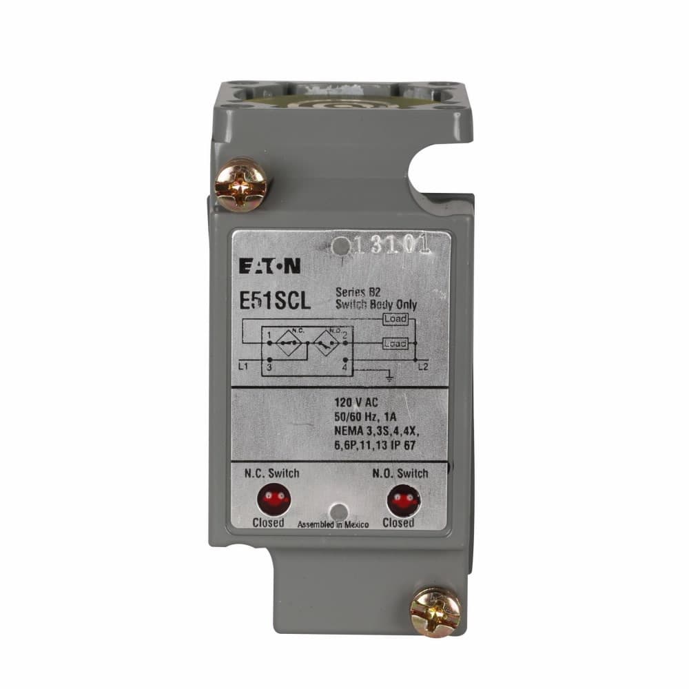 Eaton E51SCL E51SCL Eaton - Eaton E51 NEMA limit switch inductive proximity sensor, Assembled Inductive Proximity Sensor, E51 Modular, Assembly, Output ON (1 LED per output), 1.0 A solid state output, L1 switched, 120V Eaton E51SCL E51SCL Eaton - Eaton E51 NEMA limit switch inductive proximity sensor, Assembled Inductive Proximity Sensor, E51 Modular, Assembly, Output ON (1 LED per output), 1.0 A solid state output, L1 switched, 120V
