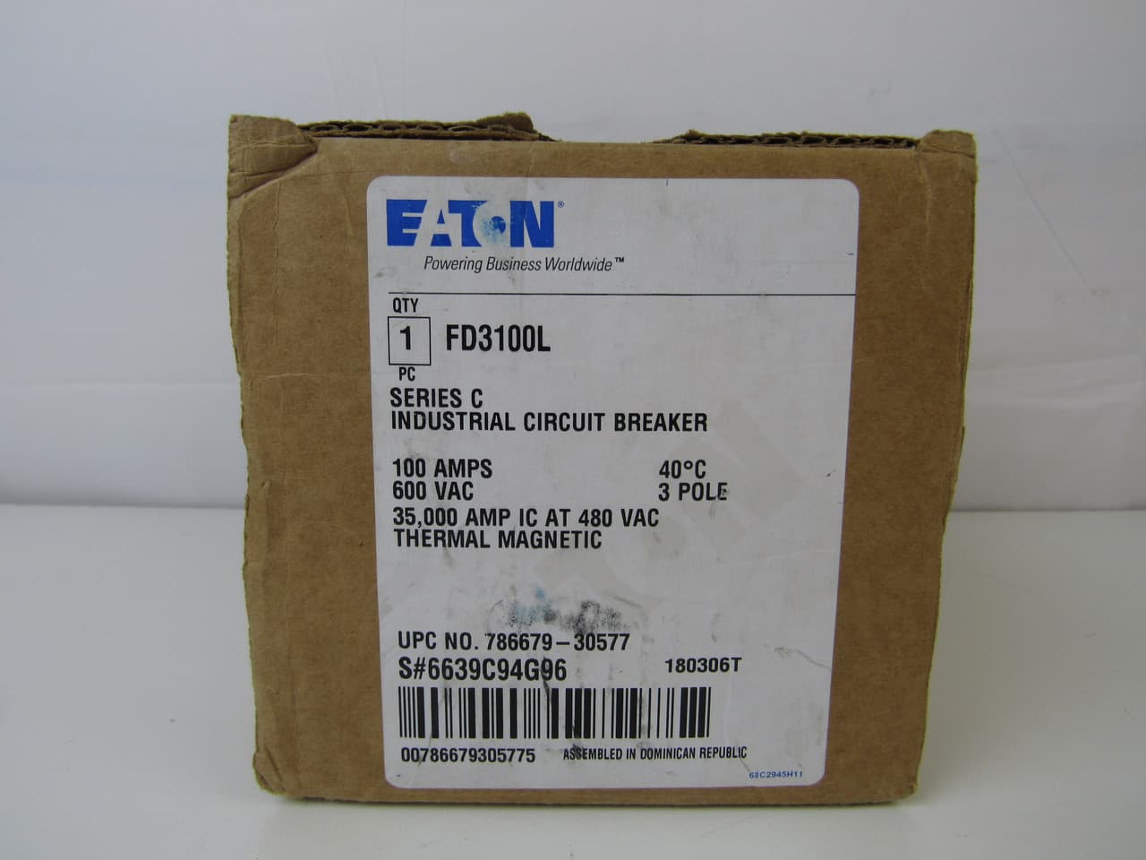Eaton FD3100L FD3100L Eaton - Eaton Series C complete molded case circuit breaker, F-frame, FD, Complete breaker, Fixed thermal, fixed magnetic trip type, Three-pole, 100A, 600 Vac, 250 Vdc, 65 kAIC at 240 Vac, 35 kAIC at 480 Vac, Line and load, 50/60 Hz Eaton FD3100L FD3100L Eaton - Eaton Series C complete molded case circuit breaker, F-frame, FD, Complete breaker, Fixed thermal, fixed magnetic trip type, Three-pole, 100A, 600 Vac, 250 Vdc, 65 kAIC at 240 Vac, 35 kAIC at 480 Vac, Line and load, 50/60 Hz
