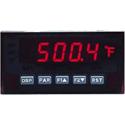 Red Lion PAXT0000 Red Lion PAXT0000 is a universal digital temperature meter part of the PAX series, designed with 3 user inputs and a 1/8 DIN horizontal configuration measuring 96mm in width and 48mm in height (3.80" x 1.95"). It features 14.2mm red digits and has communication capability. This thermometer offers an IP65 NEMA 4X degree of protection and operates on a supply voltage of 11-36Vdc, including 12Vdc and 24Vdc options. It supports a 20Hz analog input sampling rate and includes 1 analog input that accommodates a variety of signals including 4-20mA, 0-20mA, 0-10Vdc, multiple thermocouple types (T, E, J, K, R, S, B, N, C), Pt100, and Ni120 RTDs DC with 16-bits conversion and an accuracy range of 0.12% to 0.7%. Additionally, it features 3 digital inputs (Sink/Source) for user input and 1 analog output for retransmission. Red Lion PAXT0000 Red Lion PAXT0000 is a universal digital temperature meter part of the PAX series, designed with 3 user inputs and a 1/8 DIN horizontal configuration measuring 96mm in width and 48mm in height (3.80" x 1.95"). It features 14.2mm red digits and has communication capability. This thermometer offers an IP65 NEMA 4X degree of protection and operates on a supply voltage of 11-36Vdc, including 12Vdc and 24Vdc options. It supports a 20Hz analog input sampling rate and includes 1 analog input that accommodates a variety of signals including 4-20mA, 0-20mA, 0-10Vdc, multiple thermocouple types (T, E, J, K, R, S, B, N, C), Pt100, and Ni120 RTDs DC with 16-bits conversion and an accuracy range of 0.12% to 0.7%. Additionally, it features 3 digital inputs (Sink/Source) for user input and 1 analog output for retransmission.
