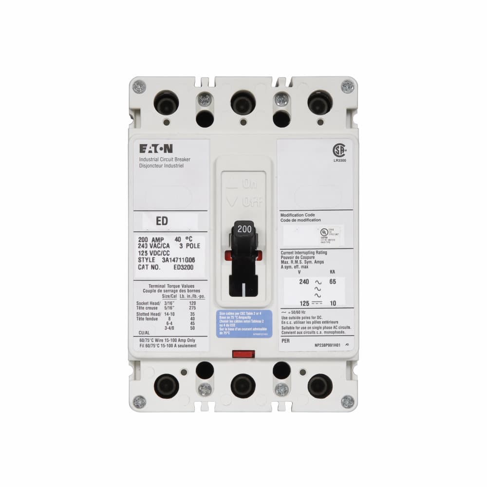 Eaton ED3200L ED3200L Eaton - Eaton Series C complete molded case circuit breaker, F-frame, ED, Complete breaker, Fixed thermal, fixed magnetic trip type, Three-pole, 200A, 240 Vac, 125 Vdc, 65 kAIC at 240 Vac, Line and load, 50/60 Hz Eaton ED3200L ED3200L Eaton - Eaton Series C complete molded case circuit breaker, F-frame, ED, Complete breaker, Fixed thermal, fixed magnetic trip type, Three-pole, 200A, 240 Vac, 125 Vdc, 65 kAIC at 240 Vac, Line and load, 50/60 Hz