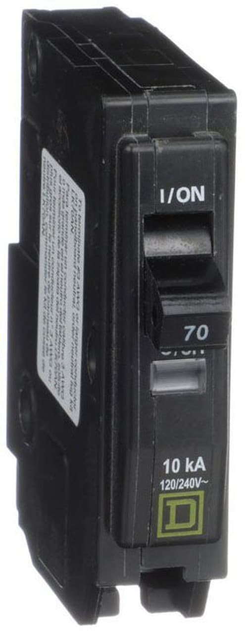 Schneider Electric QO170 Square D by Schneider Electric QO170 is a Miniature Circuit Breaker (MCB) designed for plug-in mounting. It features a rated current of 70A and accommodates a plug-in connection type. This MCB is compatible with a voltage rating of 48Vdc and 120V/240V AC, supporting a cross-section of 8-2AWG (1 cable Al/Cu). It is a single-pole device with a short circuit breaking rating of 10kA at 240Vac and 5kA at 48Vdc. The QO170 is equipped with box lugs type of terminals. Schneider Electric QO170 Square D by Schneider Electric QO170 is a Miniature Circuit Breaker (MCB) designed for plug-in mounting. It features a rated current of 70A and accommodates a plug-in connection type. This MCB is compatible with a voltage rating of 48Vdc and 120V/240V AC, supporting a cross-section of 8-2AWG (1 cable Al/Cu). It is a single-pole device with a short circuit breaking rating of 10kA at 240Vac and 5kA at 48Vdc. The QO170 is equipped with box lugs type of terminals.