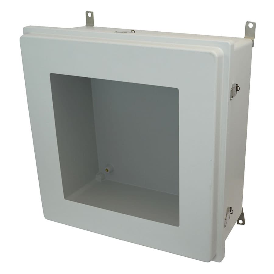 Allied Moulded Products AM24248RLW 24"x24"x8" Control Series fiberglass wall mount enclosure assembly with raised hinged window cover and stainless-steel snap latches Allied Moulded Products AM24248RLW 24"x24"x8" Control Series fiberglass wall mount enclosure assembly with raised hinged window cover and stainless-steel snap latches