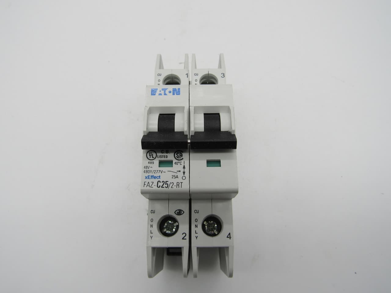 Eaton FAZ-C25/2-RT 277/480 VAC 50/60 Hz, 25 A, 2-Pole, 10/14 kA, 5 to 10 x Rated Current, Ring Tongue Terminal, DIN Rail Mount, Standard Packaging, C-Curve, Current Limiting, Thermal Magnetic Eaton FAZ-C25/2-RT 277/480 VAC 50/60 Hz, 25 A, 2-Pole, 10/14 kA, 5 to 10 x Rated Current, Ring Tongue Terminal, DIN Rail Mount, Standard Packaging, C-Curve, Current Limiting, Thermal Magnetic