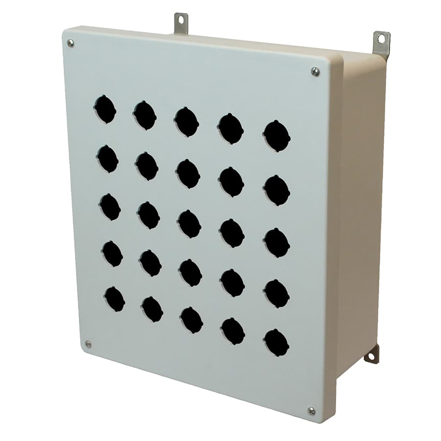 Allied Moulded Products AM1426P25 14"x12"x6" AM Series fiberglass wall mount enclosure assembly with 4-screw lift-off cover and 25 pushbutton holes Allied Moulded Products AM1426P25 14"x12"x6" AM Series fiberglass wall mount enclosure assembly with 4-screw lift-off cover and 25 pushbutton holes