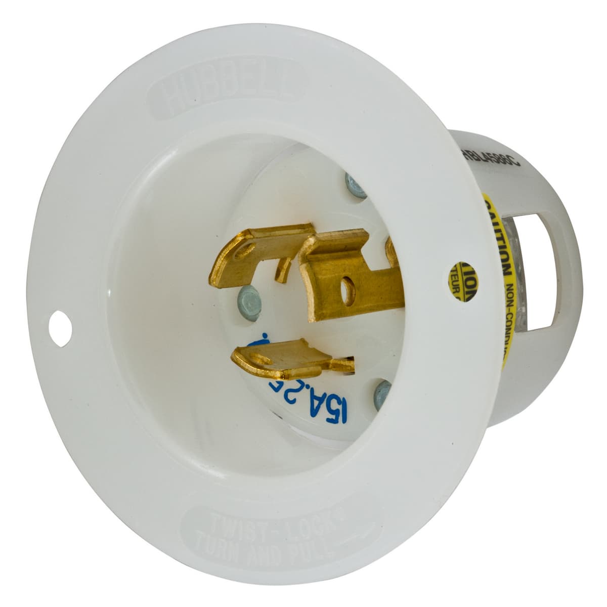 Hubbell HBL4586C Locking Devices, Twist-Lock®, Industrial, Insulgrip® Flanged Inlet, 15A 250V, 2-Pole 3-Wire Grounding, NEMA L6-15P, Screw Terminal, Nylon casing, Back wired, White. ; Impact resistant thermoplastic construction ; Backwired terminations for ease of instal Hubbell HBL4586C Locking Devices, Twist-Lock®, Industrial, Insulgrip® Flanged Inlet, 15A 250V, 2-Pole 3-Wire Grounding, NEMA L6-15P, Screw Terminal, Nylon casing, Back wired, White. ; Impact resistant thermoplastic construction ; Backwired terminations for ease of instal