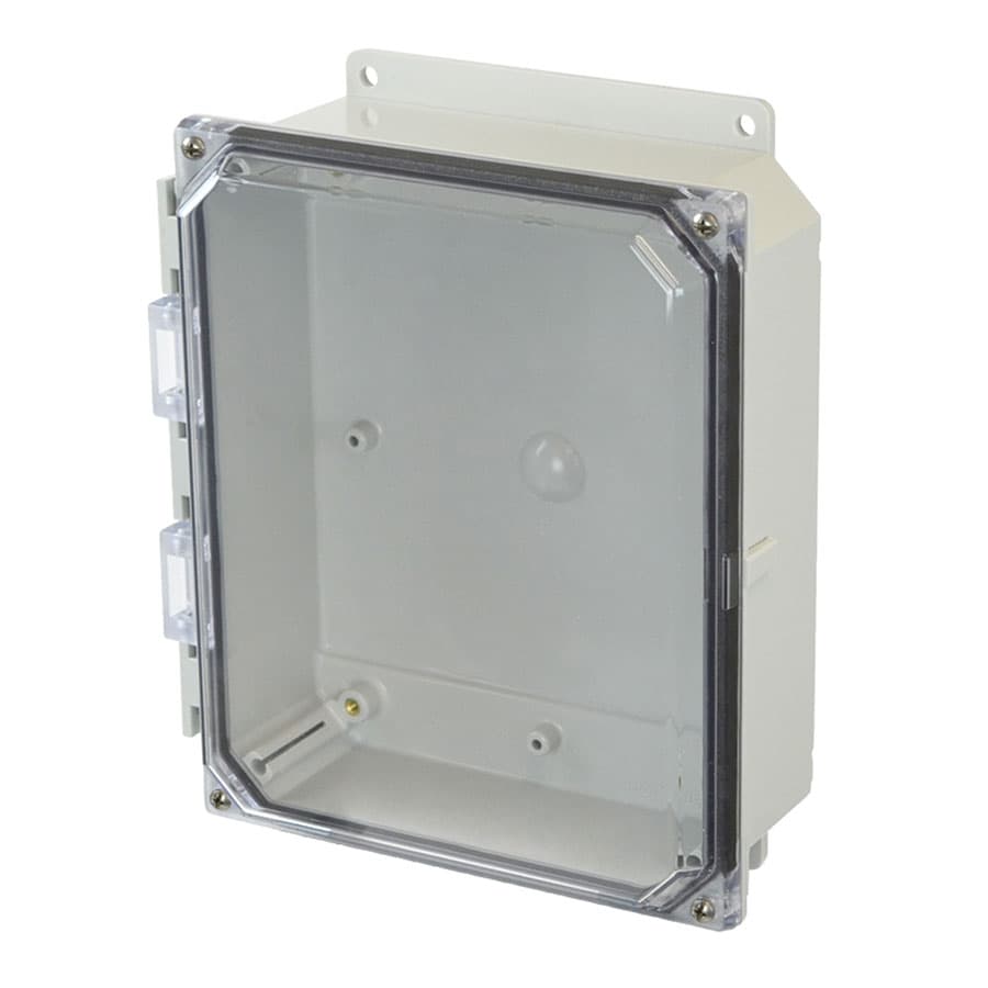 Allied Moulded Products AMP1082CCF 10"x8"x2" POLYLINE® polycarbonate wall mount enclosure assembly with 4-screw lift-off clear cover Allied Moulded Products AMP1082CCF 10"x8"x2" POLYLINE® polycarbonate wall mount enclosure assembly with 4-screw lift-off clear cover