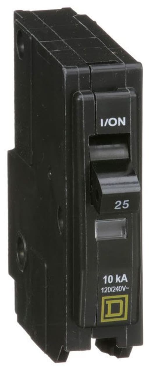 Schneider Electric QO125 Square D by Schneider Electric QO125 is a Miniature Circuit Breaker (MCB) designed for plug-in mounting. It features a plug-in connection type and is suitable for a single pole configuration. This MCB is rated for a current of 25A and can accommodate a wire cross-section of 14-8AWG for one aluminum or copper cable. It is designed to operate at a rated voltage of 120V to 240V AC and 48V DC, with a short circuit breaking rating of 10kA at 240Vac and 5kA at 48Vdc. The QO125 utilizes press plate type terminals for connections. Schneider Electric QO125 Square D by Schneider Electric QO125 is a Miniature Circuit Breaker (MCB) designed for plug-in mounting. It features a plug-in connection type and is suitable for a single pole configuration. This MCB is rated for a current of 25A and can accommodate a wire cross-section of 14-8AWG for one aluminum or copper cable. It is designed to operate at a rated voltage of 120V to 240V AC and 48V DC, with a short circuit breaking rating of 10kA at 240Vac and 5kA at 48Vdc. The QO125 utilizes press plate type terminals for connections.